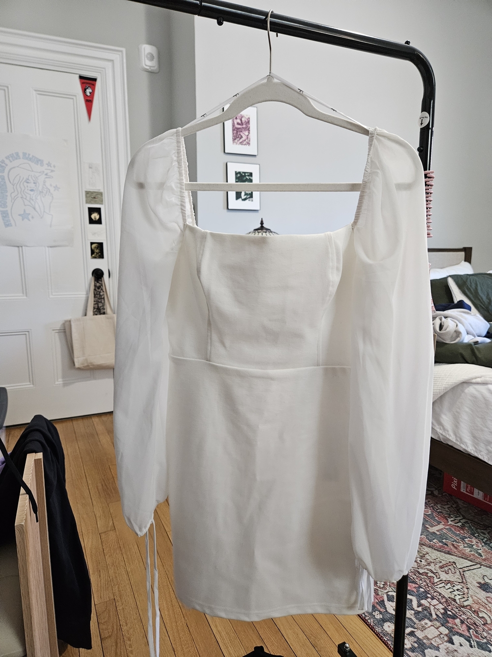 Lulu's Ivory Lace-Up Mini Dress with Puff Sleeve Detail